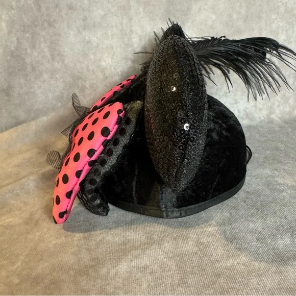 Disney Parks | Minnie Mouse Ears Hat Pink/Black Polka Dot Bows Feather Sequins - Picture 3 of 9